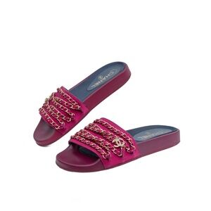 Chanel Chain Slide Sandals Pink Gold CC Logo Mule Flats EU 37 / US 7